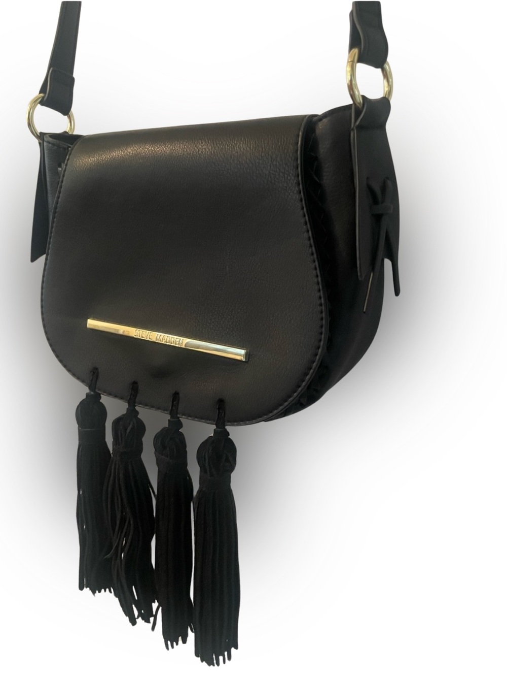 EUC Steve Madden Crossbody Saddle Bag with Fringe Tassels, black w/gold hardware